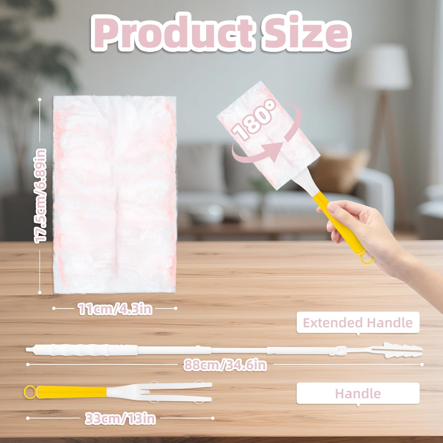 52 Count Disposable Duster Refills for Cleaning, 180° Dusters Refills Compatible with Swiffer (Pink, 50 Count Dust Removal Brushes + 1 Standard Handle + 1 Extended Handle)