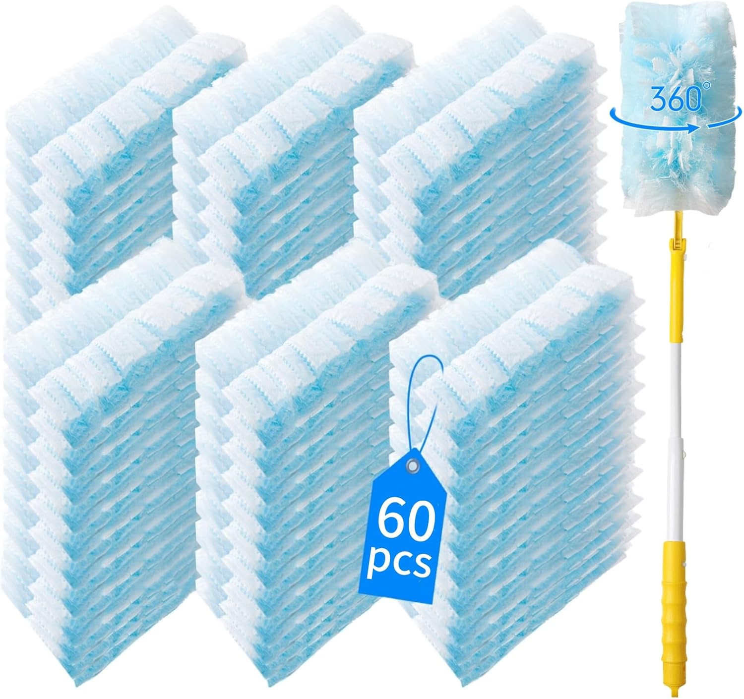 60 Count 360° Heavy Duty Duster Refills Compatible with Swiffer,Large Size-Extra Thick Disposable Electrostatic Duster Refill with 1 Retractable Handle(35-inch Length Fully expanded)
